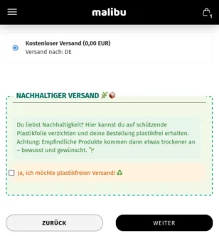Kostenloser Versand (0,00 EUR), Nachhaltiger Versand: Ja, ich möchte plastikfreien Versand! ♻️ Zurück / Weiter