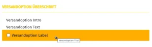Darstellung im Checkout: Versandoption Überschrift Versandoption Intro Versandoption Text Versandoption Label Versandoption Titel