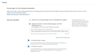 Kasse > URL Ihres Geschäfts > Geben Sie eine URL zu Ihrem Einkaufswagen oder Ihrer Zahlungsseite an