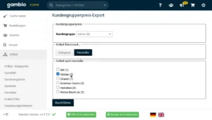 Gambio-Admin: Kundengruppenpreis-Export Herstellerauswahl mit Häkchen