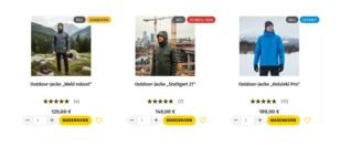 Produkt-Galerie mit 3 Outdoor-Jacken und den Ribbons Zugreifen! Schnell sein, Gefragt