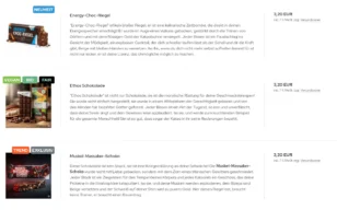 Listenansicht von 3 Schokoladenprodukten mit Labels oberhalb der Produktbilder