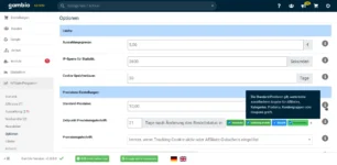 Screenshot der Gambio-Admin-OberflĂ€che im Bereich âAffiliate-Programm â Optionenâ. Sichtbar sind Einstellungen fĂŒr Auszahlungslimits, IP-Sperre, Cookie-Speicherdauer sowie Provisions-Einstellungen. Die Standard-Provision ist auf 10,00 % gesetzt, die Gutschrift erfolgt 21 Tage nach StatusĂ€nderung einer Bestellung. Rechts wird eine Info-Box angezeigt, die erklĂ€rt, dass die Standard-Provision gilt, wenn keine spezifischeren Angaben fĂŒr Affiliates, Kategorien, Produkte, Kundengruppen oder Coupons hinterlegt sind.