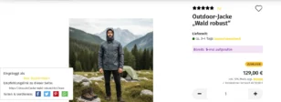 Screenshot einer Produktseite im Gambio-Shop für die Outdoor-Jacke „Wald robust“. Links unten wird ein Affiliate-Bereich angezeigt: Eingeloggt als Max Mustermann, Empfehlungslink zur Produktseite sowie Buttons zum Teilen des Links über Facebook, Twitter, Pinterest und WhatsApp.