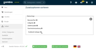 Gambio Admin: Zusatzoptionen sortieren – Reihenfolge der Optionen Brennstoffart, Grillgröße, Zubehörpaket, Geschenkverpackung und Grußkarte beilegen per Drag & Drop verschieben.