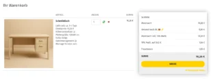 Gambio Warenkorb mit beige Schreibtisch, Artikelinfos zu Lieferzeit, Preis, Größe und Eigenschaften sowie Summenübersicht mit MwSt. und Kasse-Button.