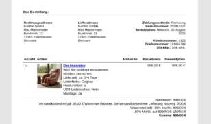 Screenshot einer Bestellbestätigung in einem Gambio-Shop. Oben Rechnungsadresse und Lieferadresse (bumbio GmbH, Max Mustermann, Bumbiostr. 13, 12345 Entenhausen, Germany) sowie Angaben: Zahlungsmethode Rechnung, Bestellnummer 201916227, Bestelldatum 20. August 2025, Kundennummer x123, Telefonnummer 123456789. Darunter die Bestellübersicht: 1x Massagesessel „Der Imperator“ in Lederfarbe Cognac mit Heizfunktion Ja, ohne USB-Ladebuchse, mit Montage, Lieferzeit ca. 3–4 Tage. Einzelpreis 999,00 €, Gesamtpreis 999,00 €. Unten die Summenübersicht: Warenwert 999,00 €, versandkostenfrei, inkl. 19 % MwSt., Gesamtsumme 999,00 €.