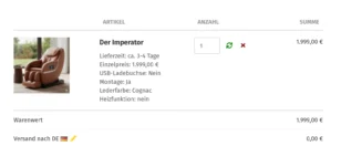 Screenshot eines Warenkorbs in einem Gambio-Shop. Enthalten ist ein brauner Massagesessel „Der Imperator“ in der Lederfarbe Cognac. Angezeigt werden Lieferzeit ca. 3–4 Tage, Einzelpreis 1.999,00 €, Menge 1. Optionen: USB-Ladebuchse Nein, Montage Ja, Heizfunktion Nein. Rechts die Gesamtsumme 1.999,00 €. Darunter Warenwert 1.999,00 € und Versand nach Deutschland 0,00 €.