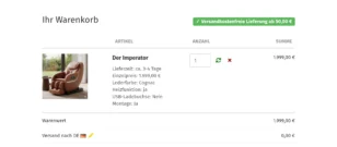 Screenshot eines Warenkorbs in einem Gambio-Shop. Enthalten ist ein brauner Massagesessel „Der Imperator“ mit folgenden Attributen: Lieferzeit ca. 3–4 Tage, Einzelpreis 1.999,00 €, Lederfarbe Cognac, Heizfunktion Ja, USB-Ladebuchse Nein, Montage Ja. Menge 1, Gesamtsumme 1.999,00 €. Oberhalb der Artikelübersicht ein Hinweis auf versandkostenfreie Lieferung ab 50,00 €. Unterhalb werden Warenwert (1.999,00 €) und Versand nach Deutschland (0,00 €) angezeigt.