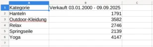 Tabelle mit den beiden Spalten Kategorie und Verkauft 03.01.2000 - 09.09.2025