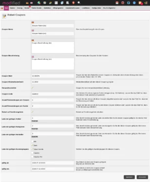 modified Rabatt Coupons, umfangreiches Formular mit Eingabefeldern für Name, Beschreibung etc.