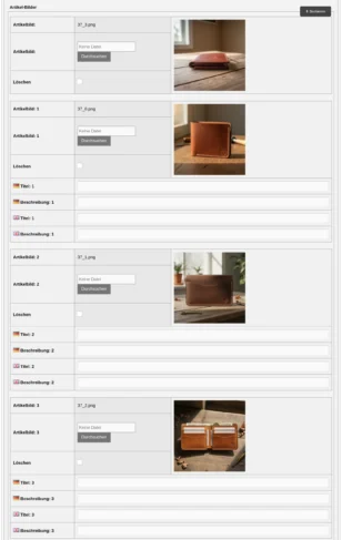 Backend-Oberfläche zum Verwalten von Artikelbildern mit Vorschaubildern, Upload-Feldern, Löschoptionen sowie Eingabefeldern für Titel und Beschreibung in mehreren Sprachen