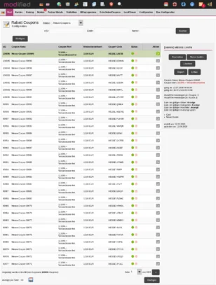 Screenshot der Rabatt-Coupons-Tabelle: cID, Coupon Name, Coupon Wert, Mindestbestellwert, Coupon Code, Status, Aktion. Enthaltene Einträge: 100006 Messe-Coupon 100000 (10,00 % + Versandkostenfrei, 15,00 EUR, MESSE-1X6TB, aktiv, markiert); usw.
