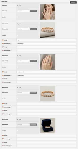 Artikelbilder mit verschiedenen Angabemöglichkeiten und einem Sortieren-Button