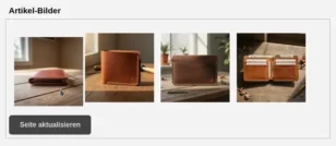 4 Artikelbilder einer Geldbörse, Mauszeiger bewegt ein Bild an 1. Position