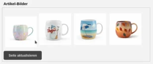 4 Tassen mit Jahreszeiten-Motiv. Mauszeiger zieht Tasse mit Frühlingsmotiv an erste Stelle.