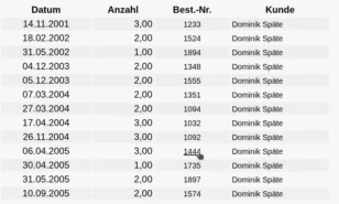 Tabelle mit Überschriften Datum, Anzahl, Best.-Nr., Kunde und Beispieldaten