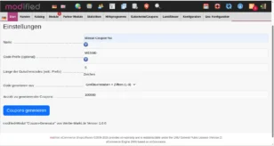 Name: Messe-Coupon %c; Code-Prefix (optional): MESSE-; Länge der Gutscheincodes (exkl. Prefix): 5 Zeichen; Code generieren aus: Großbuchstaben + Ziffern (1-9); Anzahl zu generierender Coupons: 100000