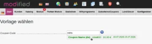 modified > Vorlage wählen > Coupon-Code: Eingabefeld mit Wert "raba" schlägt Coupon rabatt10 vor.