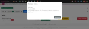 Release Notes Popup im modified Admin: Version 1.0.0 vom 19.09.2025, Beschreibung: Kostenloses Tool, um Module auf Knopfdruck zu installieren und zu aktualisieren. Schließen-Button unten rechts.