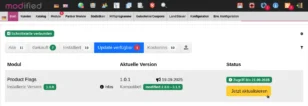 modified Adminbereich: Modul Product Flags, installiert Version 1.0.0, Update 1.0.1 verfügbar, kompatibel mit modified 2.0.0–3.1.5, Button Jetzt aktualisieren