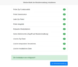 Werbe-Markt.de Modulverwaltung installieren: Auflistung der Installationsschritte und Meldung: Die Installation war erfolgreich!