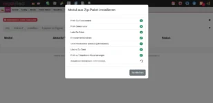 Fortschrittsfenster beim Installieren eines Moduls aus einer Zip-Datei im modified eCommerce Backend mit einzelnen Prüfschritten