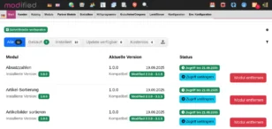 Ansicht der modified Modulverwaltung mit den Modulen Absatzzahlen, Artikel-Sortierung und Artikelbilder sortieren. Jeweils installierte Version 1.0.0, aktuelle Version 1.0.0, kompatibel mit modified 2.0.0 – 3.1.5. Status zeigt Zugriff bis 21.09.2035 mit Buttons ‚Zugriff verlängern‘ und ‚Modul entfernen‘.