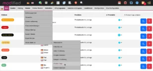 modified eCommerce Backend: Menüpunkt Product Flags im Modul-Menü geöffnet, Liste vorhandener Flags wie Restposten, X-Mas, Black Week, Ostern, Aktion, Fair und Bio mit Position und Produktanzahl