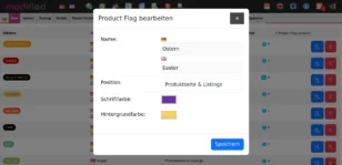 Dialogfenster im modified eCommerce Backend: Product Flag bearbeiten mit Eingabefeldern für Name in Deutsch und Englisch, Position, Schriftfarbe und Hintergrundfarbe sowie Speichern-Button