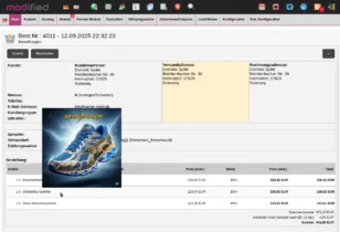 Bestellung von 1 x Knochenbrecher-Treter, 1 x Götterblitz-Sprinter, 1 x Sonic-Geschossschuh mit Bild der Götterblitz-Sprinter Schuhe.
