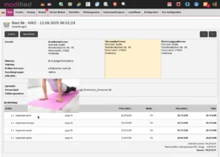 Bestellung von 1 x Yogamatte (pink), 1 x Yogamatte (orange), 1 x Yogamatte (weiß), 1 x Yogamatte (grün) und Bild einer pinken Yogamatte