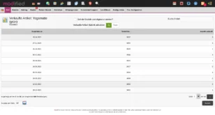 Screenshot aus dem modified Adminbereich, Statistikseite „Verkaufte Artikel: Yogamatte (grün)“. Tabelle mit Spalten Bestelldatum, Bestell-Nr. und Anzahl verkauft. Dargestellt sind einzelne Bestellungen von 2020 bis 2025, z. B. 18.04.2025 (Bestell-Nr. 3992, 3 Stück) und 27.01.2025 (Bestell-Nr. 3954, 3 Stück). Oben Optionen zum Zurücksetzen der Statistik und zur Aktivierung der Verkaufsstatistik, unten Angabe „449 Bestellungen insgesamt“ und Paginierung über 45 Seiten.