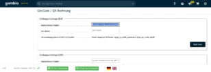Screenshot der Gambio Admin-Oberfläche im Bereich ‚GiroCode / QR-Rechnung‘. Es werden Eingabefelder für Zahlungsempfänger in EUR und CHF angezeigt, darunter Name des Kontoinhabers, IBAN sowie Verwendungszweck und QR-Code-Label. Im Feld ‚Name Kontoinhaber‘ steht ‚Dominik Späte Unternehmen‘. Rechts unten befindet sich eine blaue Schaltfläche mit der Aufschrift ‚Speichern‘.