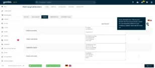 Screenshot der Gambio Admin-Oberfläche im Bereich ‚Rechnung/Lieferschein‘, Tab ‚Fußteil‘. Es werden vier Textfelder für die Fußzeilen-Spalten der Rechnung angezeigt, die Platzhaltertexte wie Name, Adresse, Telefonnummer, Steuer- und Umsatzsteuer-ID sowie zusätzliche Informationen enthalten. Rechts ist ein Hinweisfeld geöffnet, das erklärt, dass einige Zahlungsweisen beim Erstellen der Rechnung die Bankverbindungsspalte durch eigenen Inhalt ersetzen. Unten befindet sich eine Schaltfläche ‚Speichern‘.