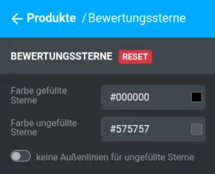 Screenshot der Gambio StyleEdit-Oberfläche im Bereich ‚Produkte / Bewertungssterne‘. Zwei Farbfelder zeigen die Hex-Codes für gefüllte Sterne (#000000, Schwarz) und ungefüllte Sterne (#575757, Grau). Darunter befindet sich ein Schalter mit der Option ‚keine Außenlinien für ungefüllte Sterne‘, derzeit deaktiviert. Oben ist ein blauer Header mit dem Titel ‚Produkte / Bewertungssterne‘ und einer roten ‚Reset‘-Schaltfläche sichtbar.