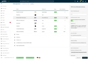 Screenshot der Gambio Admin-Oberfläche im Bereich ‚Zahlungsweisen‘. Eine Liste verschiedener Zahlungsmethoden wird angezeigt, darunter Amazon Pay, Barzahlung, EU-Standard Banküberweisung, SEPA-Lastschrift, Nachnahme, Rechnung, Vorkasse und PayPal. Rechts sind die Einstellungen für die ausgewählte Zahlungsart ‚EU-Standard Banküberweisung‘ sichtbar, einschließlich Optionen zur Aktivierung, erlaubten Zonen, Banknamen, Filialstandort und Kontoinhaber. Unten befinden sich die Schaltflächen ‚Abbrechen‘ und ‚Aktualisieren‘.