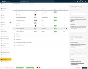 Screenshot der Gambio Admin-Oberfläche im Bereich ‚Zahlungsweisen‘. Eine Liste aktiver Zahlungsmethoden wird angezeigt, darunter Amazon Pay, Barzahlung, EU-Standard Banküberweisung, SEPA-Lastschrift, Nachnahme, Rechnung, Vorkasse und PayPal. Rechts ist das Einstellungsfenster für die Zahlungsart ‚Vorkasse (Überweisung)‘ geöffnet mit Optionen wie Aktivierung, erlaubte Zonen, Zahlungszonen, Bestellstatus, Anzeigereihenfolge und Zahlungsempfänger. Unten befinden sich die Schaltflächen ‚Abbrechen‘ und ‚Aktualisieren‘.