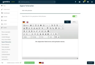 Screenshot der Gambio-Adminoberfläche im Bereich ‚Eigene Fehlerseiten‘. Die Einstellung ‚Seite nicht gefunden‘ ist aktiviert. Ein Texteditor mit zahlreichen Formatierungssymbolen zeigt den deutschen Standardtext ‚Die aufgerufene Seite konnte nicht gefunden werden.‘ an. Links befindet sich die Navigationsleiste mit Bereichen wie Inhalte, Artikel und Bestellungen.