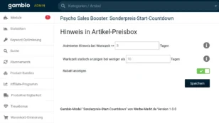 Screenshot der Gambio-Adminoberfläche mit den Einstellungen des Moduls ‘Psycho Sales Booster: Sonderpreis-Start-Countdown’ für Hinweise in der Artikel-Preisbox, einschließlich Optionen für animierten Hinweis, statische Wartezeit und Anzeige des Rabatts.