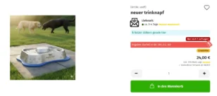 Produktseite im Onlineshop mit einem silbernen Hundetrinknapf ‚Aqua Paw‘ im Vordergrund und zwei Hunden im Hintergrund. Rechts daneben Produktdetails: Titel ‚neuer trinknapf‘, Preis 24 €, Lieferzeit 3–4 Tage, Hinweis ‚Nur noch 1 auf Lager!‘ und Countdown ‚Angebot startet in 00:06:31:09‘ mit 10 % Rabatt. Schaltfläche ‚In den Warenkorb‘ unten in Grün.