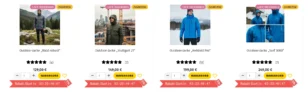 Produktübersicht im Onlineshop mit vier Outdoor-Jacken und Countdown für Rabattstart. Zu sehen sind die Modelle ‚Outdoor-Jacke Wald robust‘ (129 €), ‚Outdoor-Jacke Stuttgart 21‘ (149 €), ‚Outdoor-Jacke Helsinki Pro‘ (199 €) und ‚Outdoor-Jacke Surf 3000‘ (249 €). Jede Kachel zeigt Produktbild, Preis, Bewertung, Treuebonus und den Hinweis ‚Zugreifen!‘. Unter jedem Artikel läuft ein rotes Banner mit der Aufschrift ‚Rabatt-Start in: 02:23:40:47‘ und einem 5 %-Rabattzeichen.