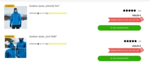 Listenansicht im Onlineshop mit zwei blauen Outdoor-Jacken: ‚Helsinki Pro‘ für 199 € und ‚Surf 3000‘ für 249 €. Beide Produkte zeigen eine Lieferzeit von ca. 3–4 Tagen, 5-Sterne-Bewertungen und den gelben Hinweis ‚Zugreifen!‘. Rechts daneben ein rotes Banner mit Countdown ‚Rabatt-Start in 02:23:28:25‘ und einem 5 %-Rabattzeichen sowie ein grüner Button ‚In den Warenkorb‘.