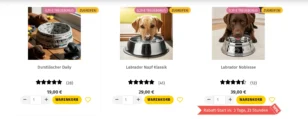 Produktübersicht im Onlineshop mit drei Hundenäpfen und Preisangaben: ‚Durstlöscher Daily‘ (19 €, 28 Bewertungen), ‚Labrador Napf Klassik‘ (29 €, 41 Bewertungen) und ‚Labrador Noblesse‘ (39 €, 12 Bewertungen). Über jedem Produkt steht ein gelbes ‚Zugreifen!‘-Label und ein pinker Treuebonus-Hinweis (0,19 €, 0,29 €, 0,39 €). Unter dem rechten Produkt befindet sich ein rotes Banner mit der Aufschrift ‚Rabatt-Start in: 3 Tage, 23 Stunden‘ und einem 10 %-Rabattzeichen.