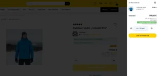 Screenshot eines Gambio-Onlineshops mit der Produktseite der ‚Outdoor-Jacke Helsinki Pro‘. Rechts ist der Mini-Warenkorb geöffnet und zeigt einen Artikel im Wert von 199,00 €, inklusive 19 % MwSt. in Höhe von 31,77 €. Ein Hinweis weist auf kostenlosen Versand ab 50 € hin. Unterhalb des Gesamtbetrags erscheint eine Warenkorb-Bestätigung mit dem Text ‚Steht Dir gut!‘ und daneben ein Daumen-hoch-Symbol. Darunter befindet sich eine gelbe Schaltfläche mit der Aufschrift ‚Zum Warenkorb‘.