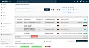 Screenshot der Gambio Admin-OberflĂ€che im Bereich âWarenkorb-Erinnerung â Erinnerungen verwaltenâ. Oben befinden sich ein Suchfeld sowie Filter-Checkboxen fĂŒr die Sprachen Deutsch und Englisch sowie fĂŒr die Status wartend, unbestĂ€tigt, erinnert, offen, gesendet, bestellt und abgemeldet. Darunter listet eine Tabelle einzelne Erinnerungen mit den Spalten Kunde, Artikel, E-Mail, Sprache, Datum, Versendet, Best.-Nr. und Status auf, unter anderem EintrĂ€ge zu âYogamatte (grĂŒn)â, âLabrador Napf Klassikâ und âDer Imperatorâ mit unterschiedlichem Status wie âoffenâ, âbestelltâ oder âunbestĂ€tigtâ. Am unteren Rand befinden sich eine Auswahlfunktion zum Löschen markierter Erinnerungen sowie der Button âErinnerungen exportierenâ.