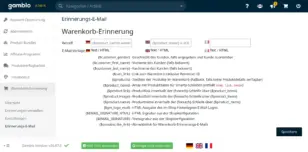 Screenshot der Gambio Admin-OberflĂ€che im Bereich âWarenkorb-Erinnerung â Erinnerungs-E-Mailâ. Oben lĂ€sst sich fĂŒr die Sprachen Deutsch, Englisch und Französisch jeweils ein Betreff sowie eine E-Mail-Vorlage im Text-/HTML-Format hinterlegen, im Beispiel mit dem deutschen Betreff â{$product_name} wartetâŠâ und dem englischen â{$product_name} is stillâŠâ. Darunter listet eine Ăbersicht die verfĂŒgbaren Platzhalter fĂŒr die E-Mail-Vorlage auf, unter anderem {$customer_gender}, {$customer_first_name}, {$customer_last_name}, {$cart_link}, {$products} sowie {$product_items} mit den Unterwerten name, link und image, auĂerdem {$gm_logo_mail}, {$EMAIL_SIGNATURE_HTML}, {$EMAIL_SIGNATURE} und {$unsubscribe_link}, jeweils mit kurzer ErklĂ€rung. Rechts unten befindet sich die SchaltflĂ€che âSpeichernâ.