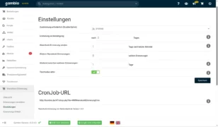 Screenshot der Gambio Admin-Oberfläche im Bereich ‚Warenkorb-Erinnerung – Einstellungen‘. Es werden verschiedene Optionen angezeigt, darunter Zustimmung erforderlich (Double-Opt-in), Erinnerung an Bestätigung, Zeitpunkt zum Senden der Warenkorb-Erinnerung, Anzahl weiterer Erinnerungen, Abstand zwischen Erinnerungen und Testmodus aktiv. Unten wird eine CronJob-URL angezeigt, über die das Modul automatisch ausgeführt werden kann. Rechts unten befindet sich die Schaltfläche ‚Speichern‘.
