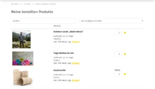 Kundenkonto-Seite ‚Meine bestellten Produkte‘ mit Suchfeld und Sortierung nach am häufigsten bestellten Artikeln, darunter Outdoor-Jacke, Yoga-Matten-Set und Faszienrolle mit Preis- und Lieferangaben.