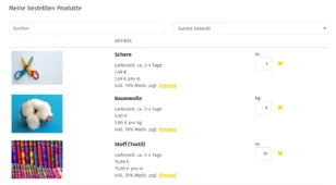 Kundenkonto-Seite ‚Meine bestellten Produkte‘ mit Suchfeld und Sortierung nach zuletzt bestellten Artikeln, darunter Schere, Baumwolle und Stoff mit Mengenangabe, Preis und Lieferzeit.